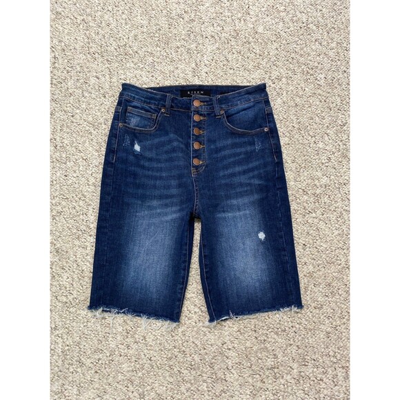 29 Risen High Rise Exposed Buttonfly Distressed Darkwash Bermuda Raw Hem Shorts - Picture 1 of 5